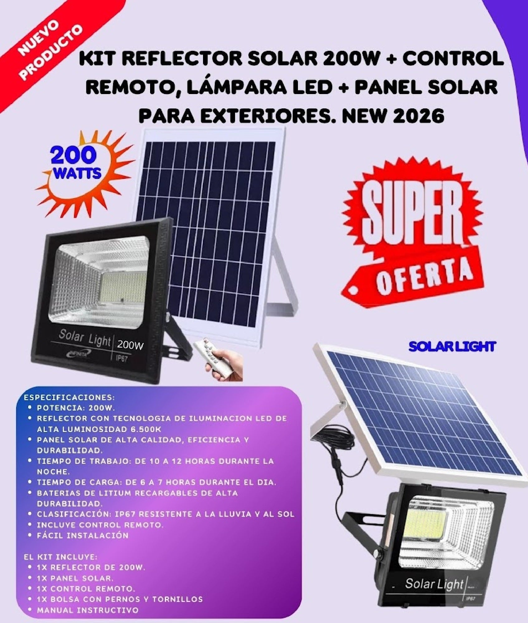 Kit Reflector Solar 200w Control Remoto
